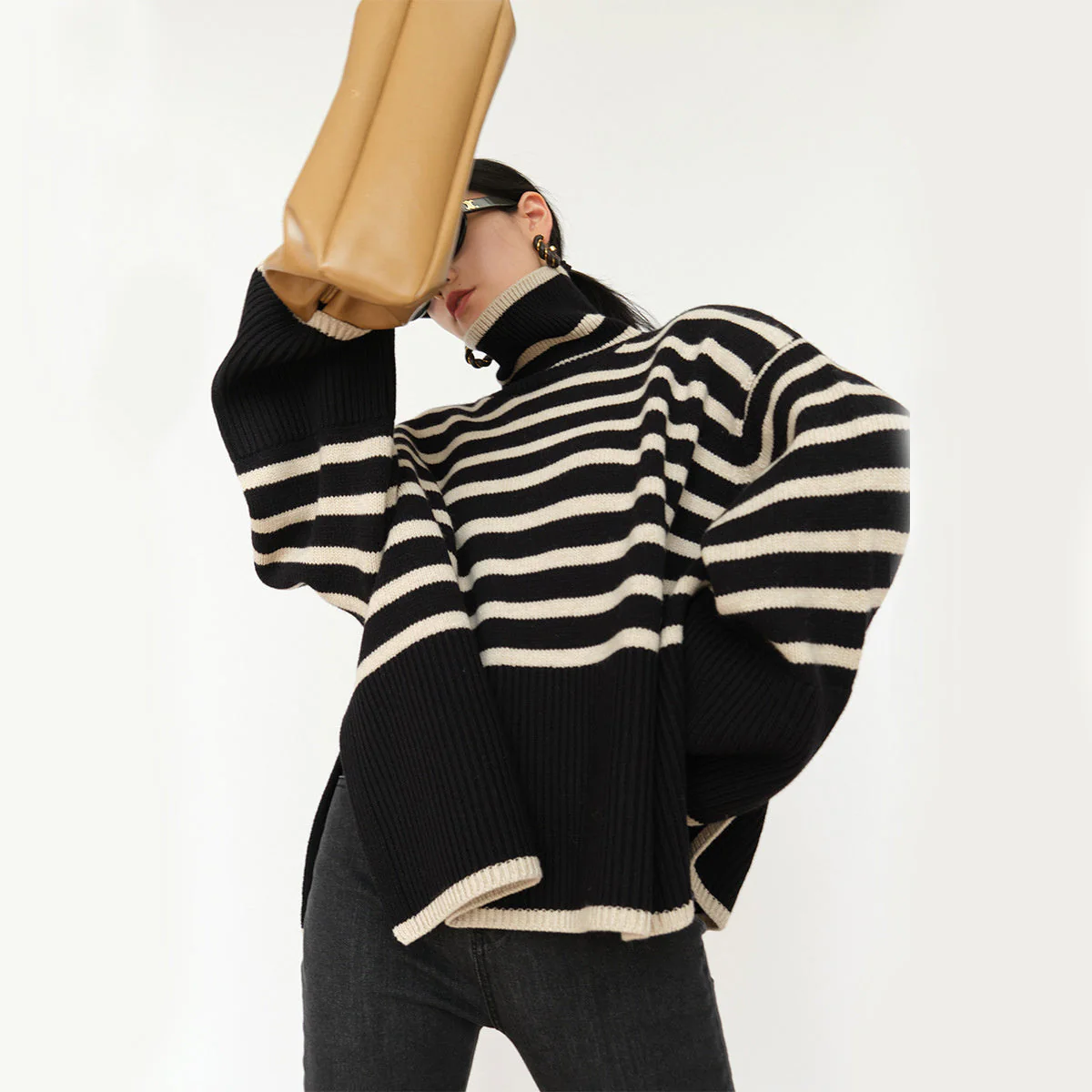 Oversized Women Turtleneck Sweater - Slit Knit, Warm - Image 6