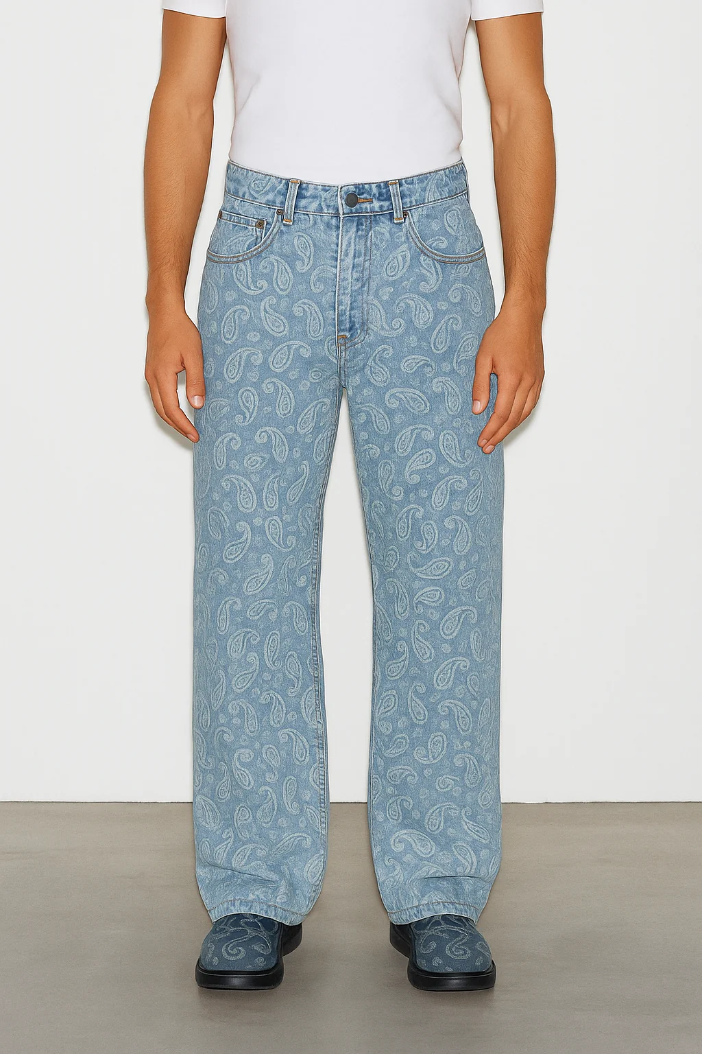Paisley Print Men's Jeans, Comfortable Denim with Elegant Patterns, Available in Skinny, Relaxed, and Straight Fit - Image 3