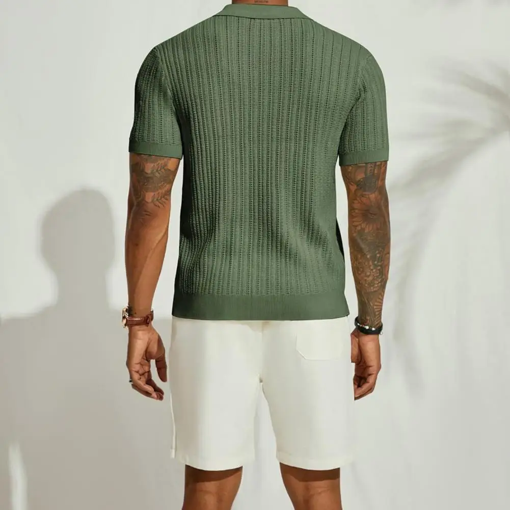 Plus Size Summer Men Knitted Cardigan Shirt, Breathable Short Sleeves Beach Top - Image 2