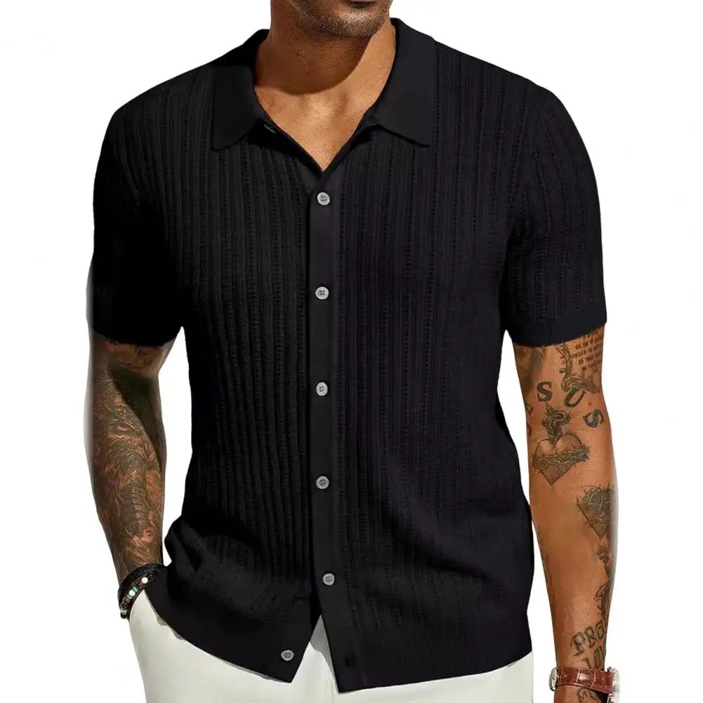 Plus Size Summer Men Knitted Cardigan Shirt, Breathable Short Sleeves Beach Top - Image 3