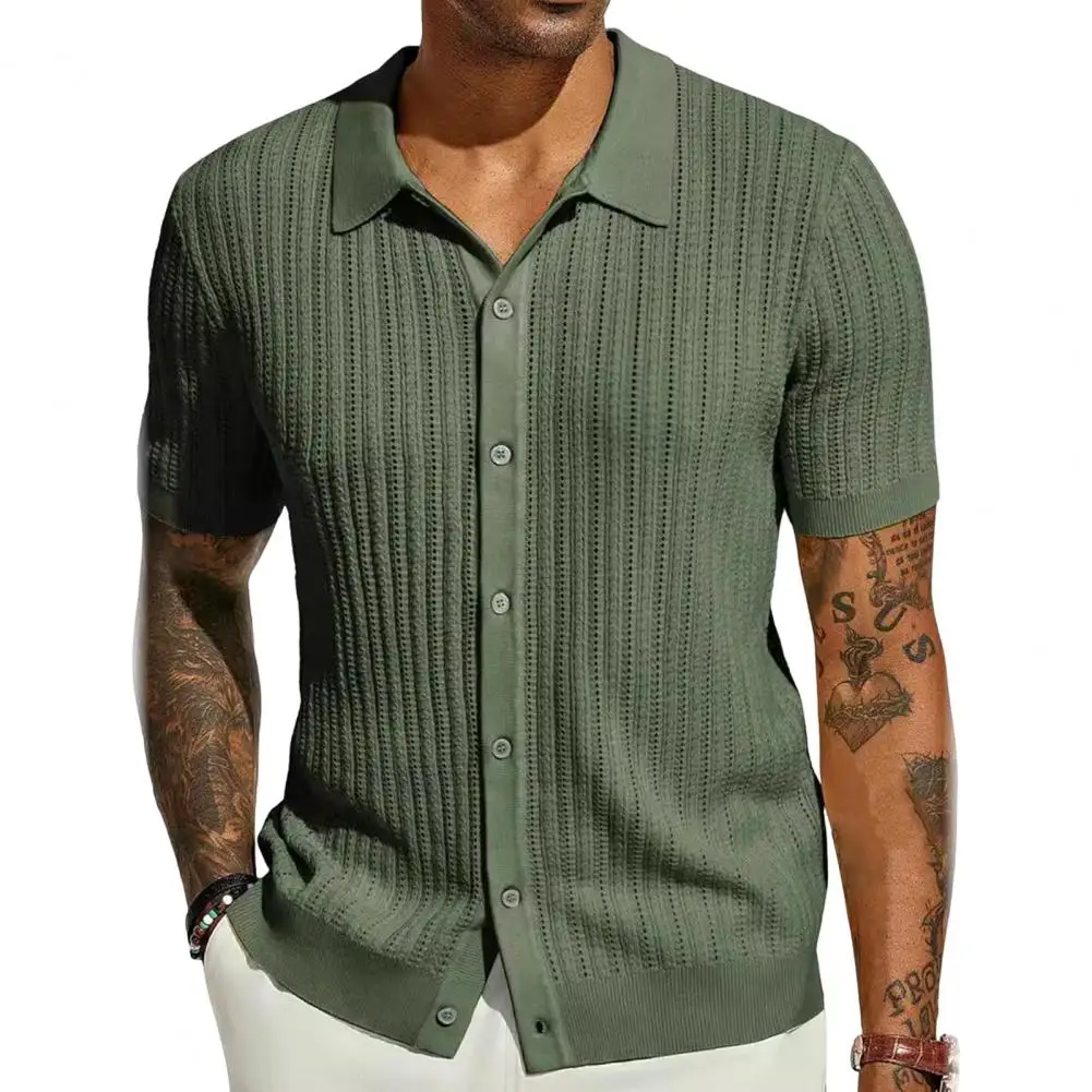 Plus Size Summer Men Knitted Cardigan Shirt, Breathable Short Sleeves Beach Top - Image 4