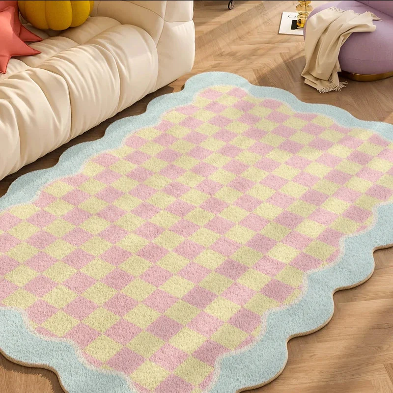 Plush Rug Checkered Scalloped Area Rug, Kids Bedroom Living Room Accent Fall 2025 Cozy Fluffy Machine Washable - Image 7