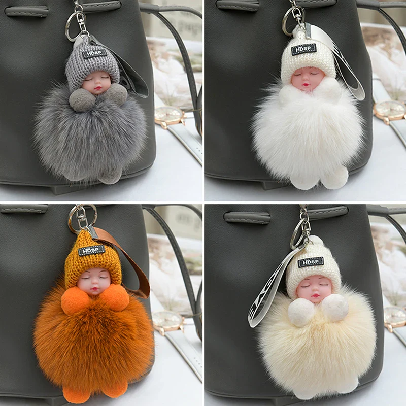 Pompom Sleeping Baby Keychain Plush Bag Charm Cute Gift - Image 3