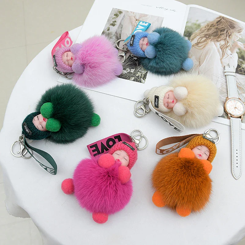 Pompom Sleeping Baby Keychain Plush Bag Charm Cute Gift - Image 5