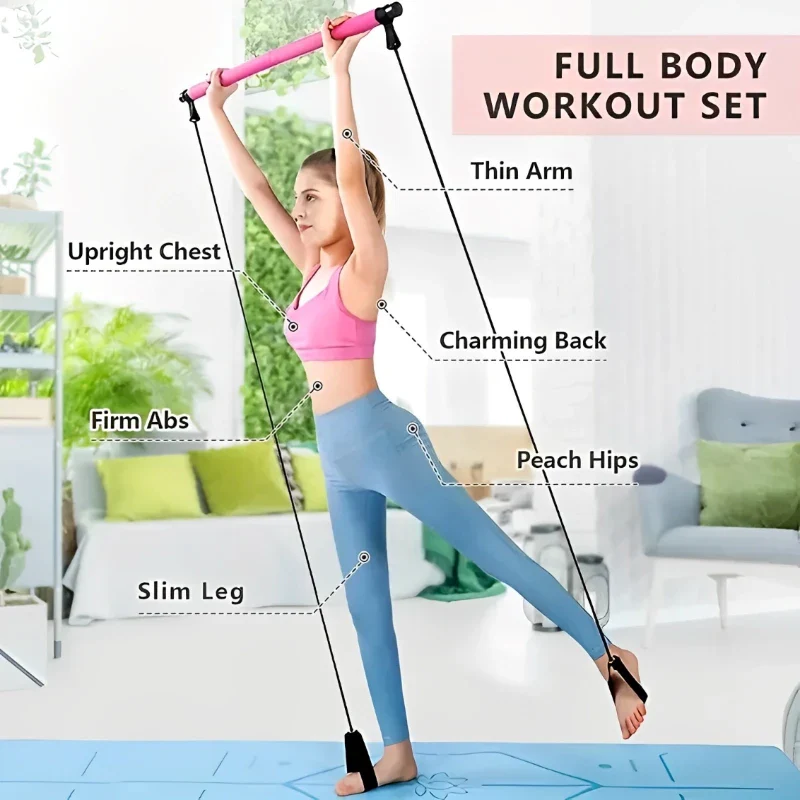 Portable Fitness Equipment Yoga Pilates Bar Stick with Resistance Bands for Home Workouts - Image 5