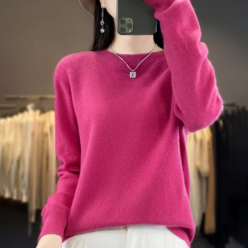 Pure Merino Wool Knitted Sweater - Autumn Winter O-Neck Pullover Jumper Tops - Image 14