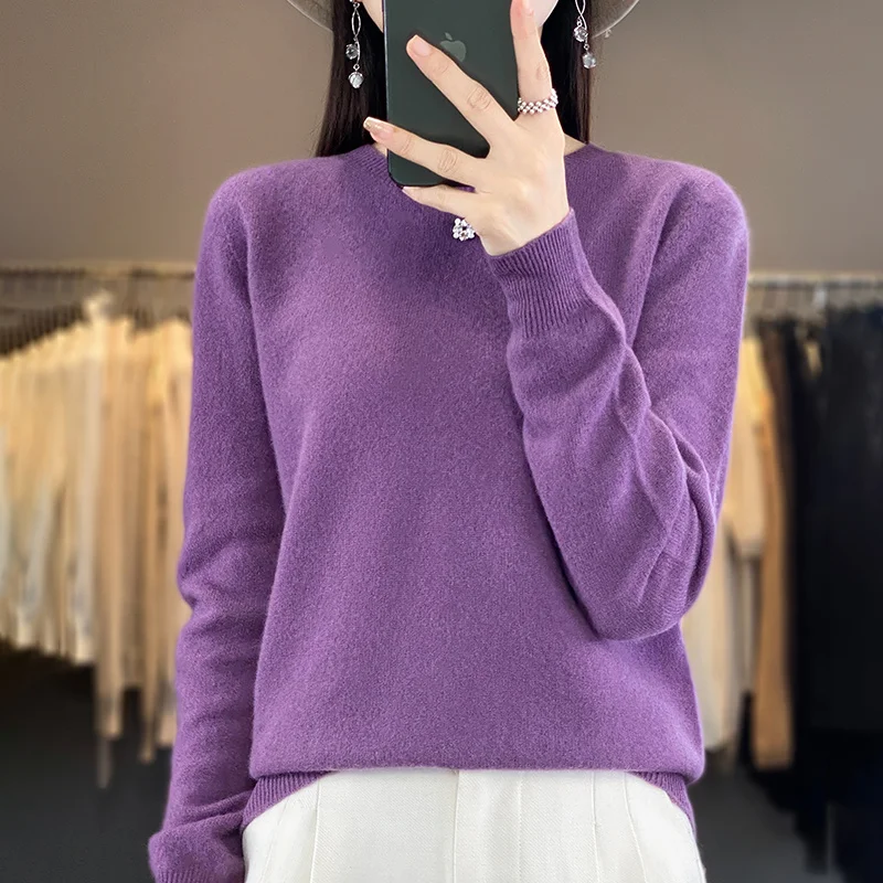 Pure Merino Wool Knitted Sweater - Autumn Winter O-Neck Pullover Jumper Tops - Image 16