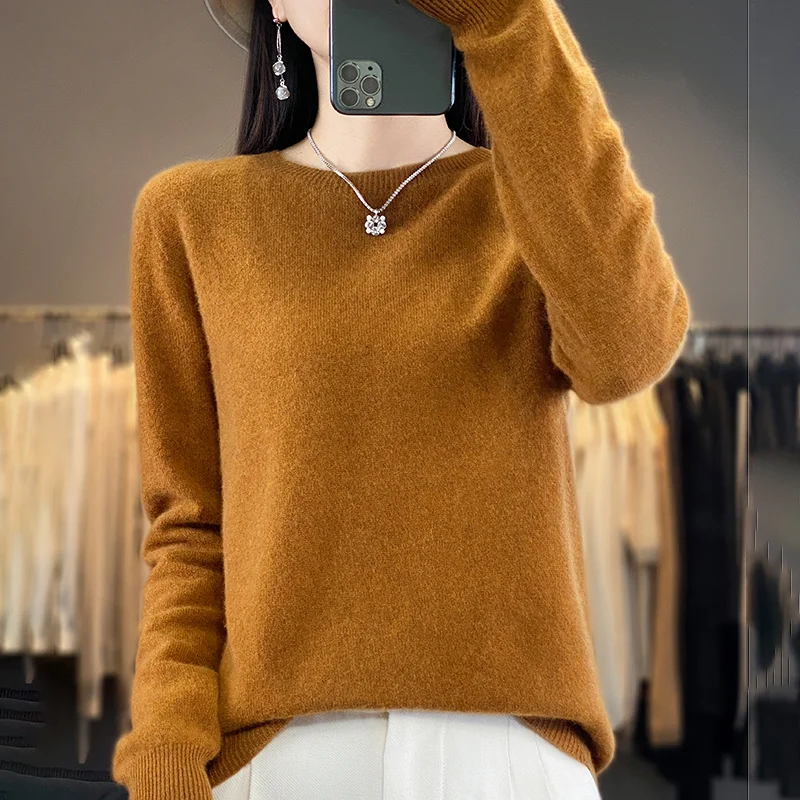 Pure Merino Wool Knitted Sweater - Autumn Winter O-Neck Pullover Jumper Tops - Image 17