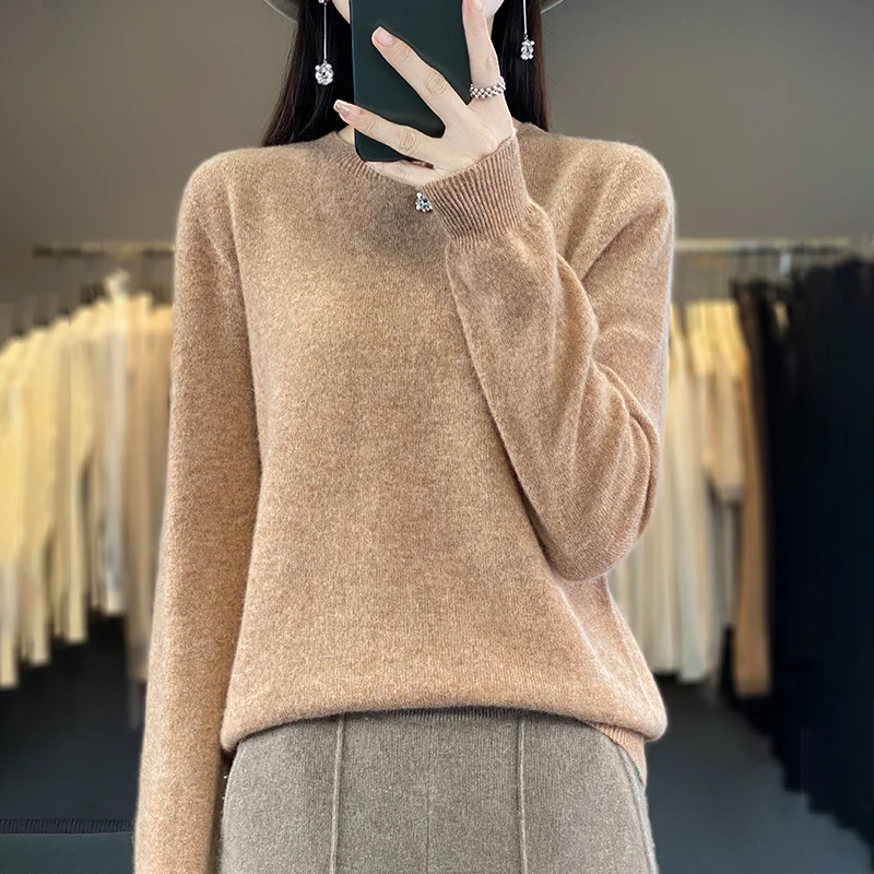 Pure Merino Wool Knitted Sweater - Autumn Winter O-Neck Pullover Jumper Tops - Image 18