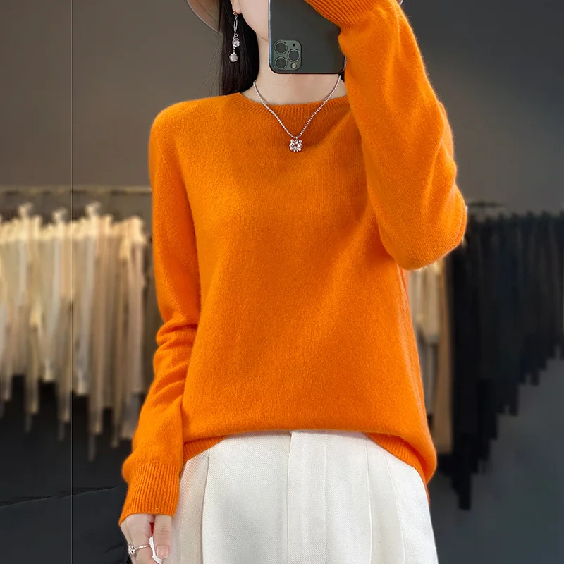 Pure Merino Wool Knitted Sweater - Autumn Winter O-Neck Pullover Jumper Tops - Image 19