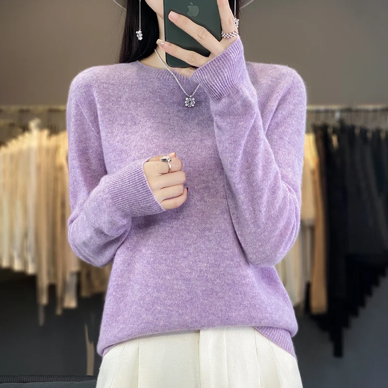 Pure Merino Wool Knitted Sweater - Autumn Winter O-Neck Pullover Jumper Tops - Image 20