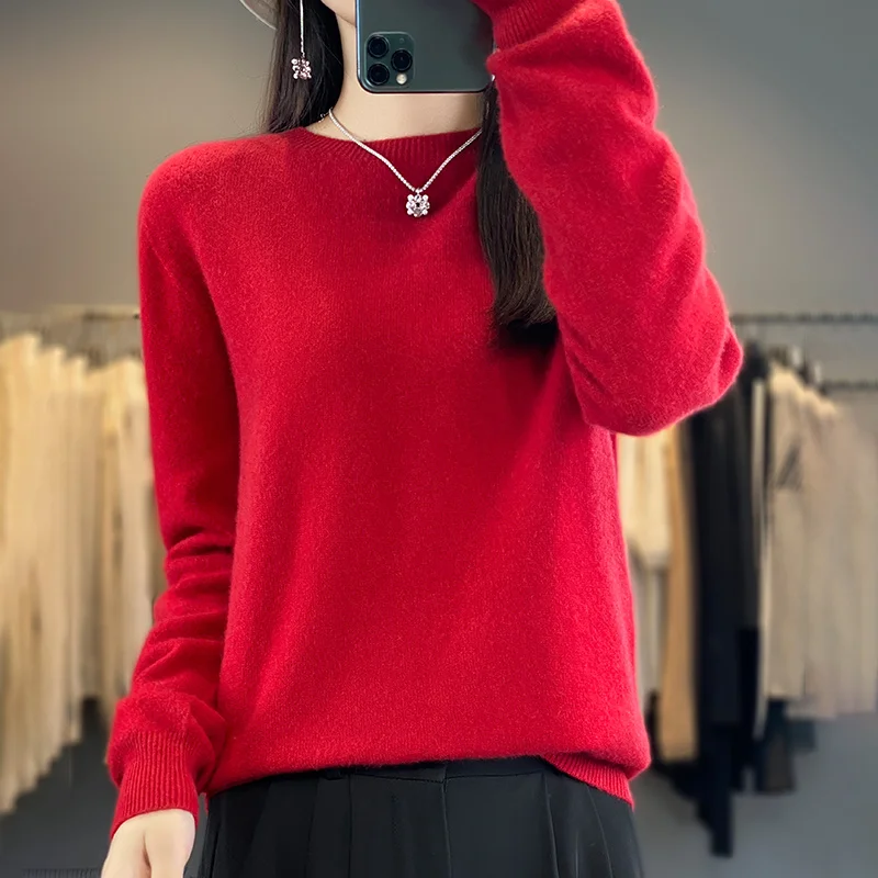 Pure Merino Wool Knitted Sweater - Autumn Winter O-Neck Pullover Jumper Tops - Image 21