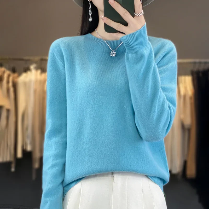 Pure Merino Wool Knitted Sweater - Autumn Winter O-Neck Pullover Jumper Tops - Image 23
