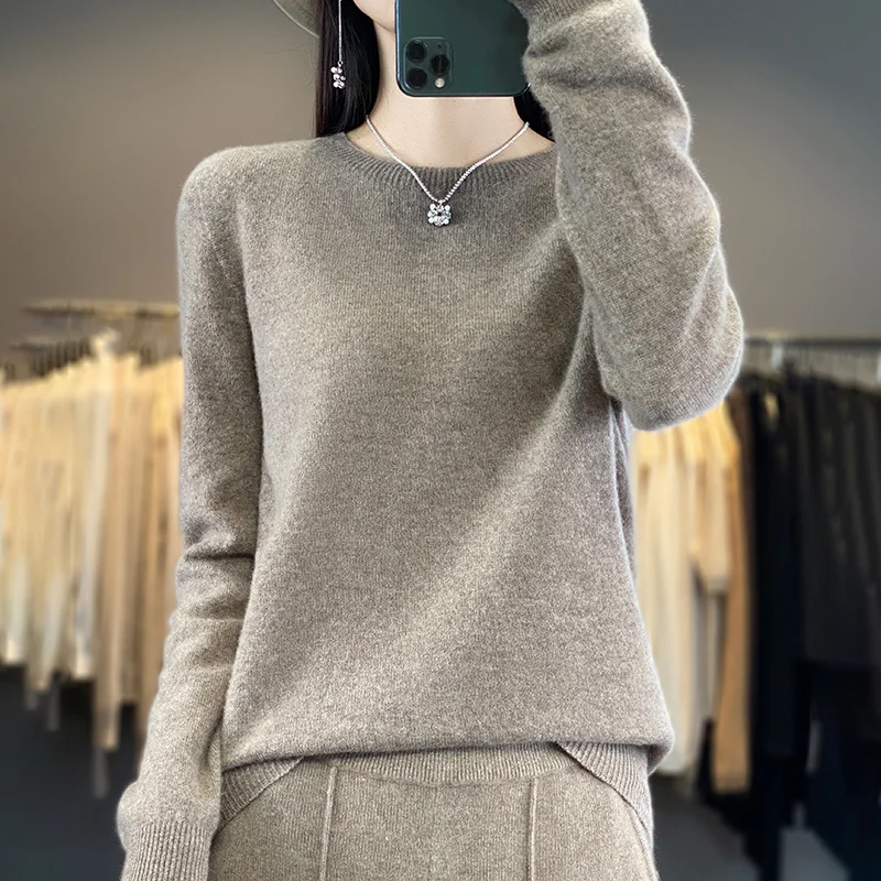 Pure Merino Wool Knitted Sweater - Autumn Winter O-Neck Pullover Jumper Tops - Image 24
