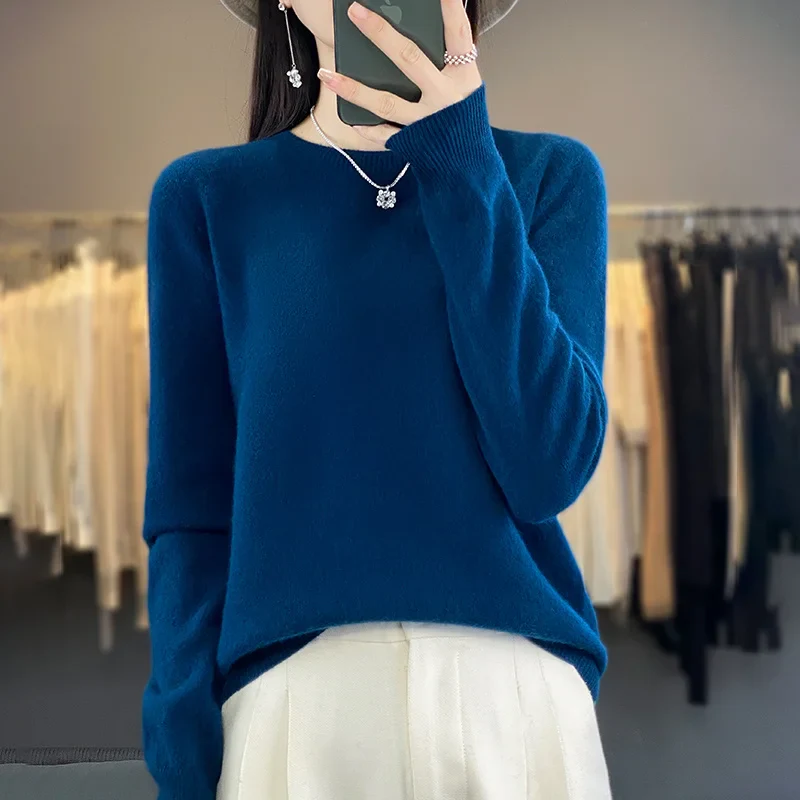 Pure Merino Wool Knitted Sweater - Autumn Winter O-Neck Pullover Jumper Tops - Image 7