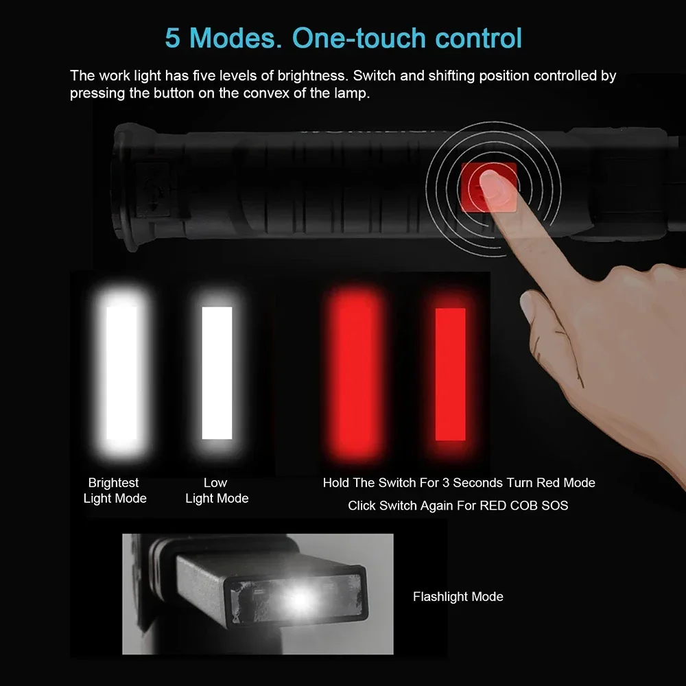 Rechargeable Camping LED Flashlight Work Light - IP64 Waterproof, 5 Modes, Magnet & Hook for Night Work - Image 3