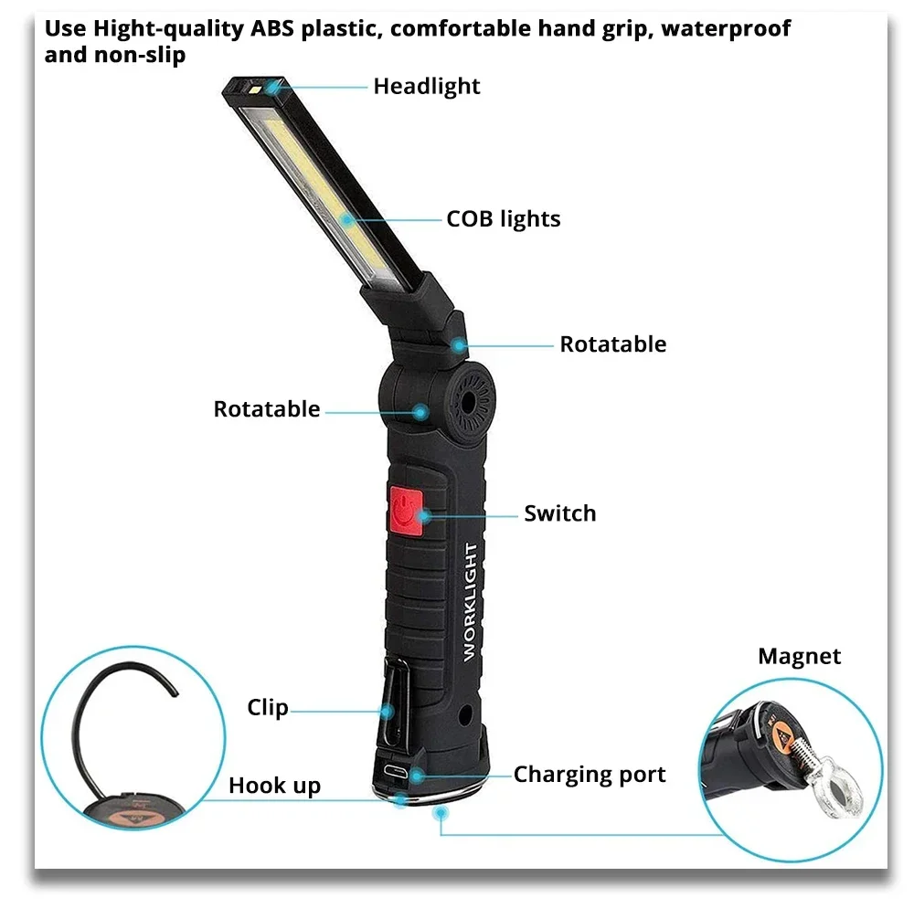 Rechargeable Camping LED Flashlight Work Light - IP64 Waterproof, 5 Modes, Magnet & Hook for Night Work - Image 4