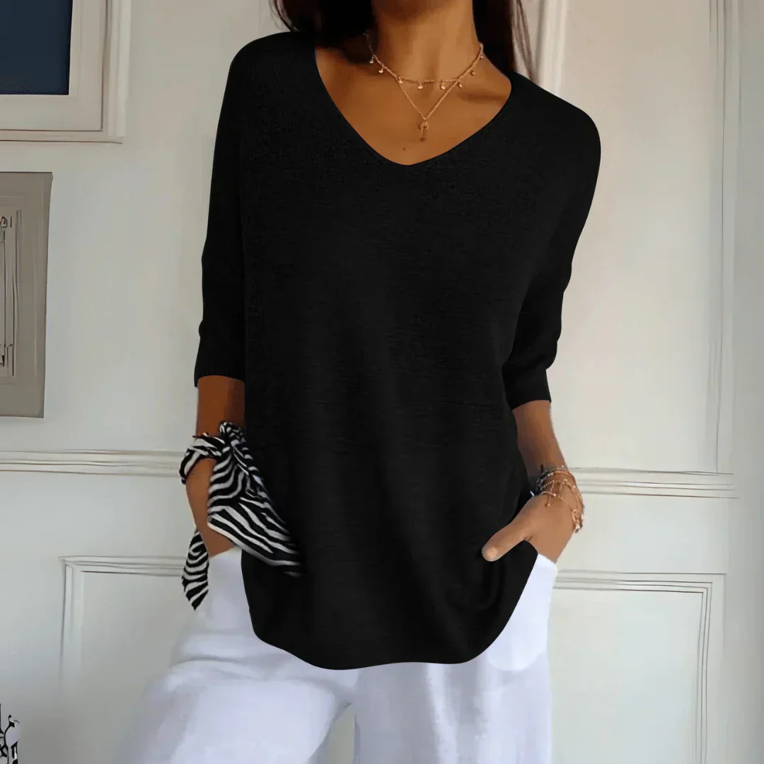 Relaxed Elegant Casual Top for Women, V-Neck Three-Quarter Sleeves, Lightweight Business Casual Shirt to Wear with Jeans - Image 14