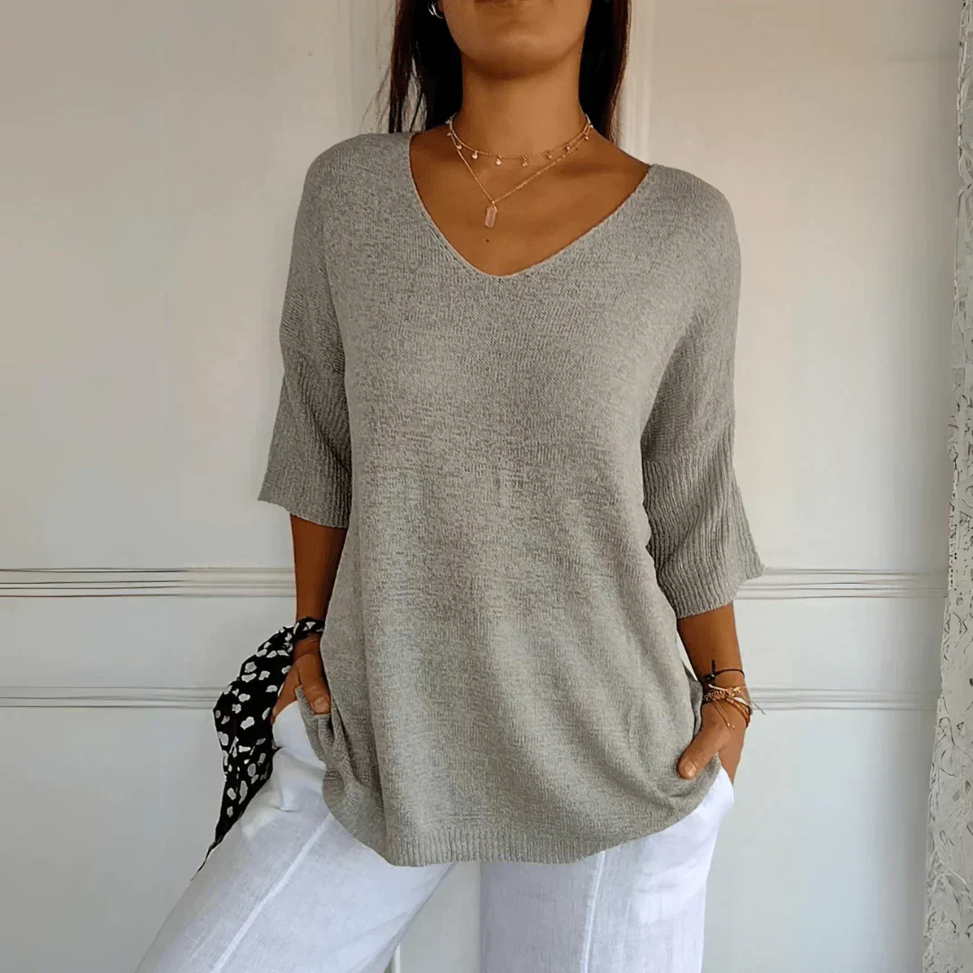 Relaxed Elegant Casual Top for Women, V-Neck Three-Quarter Sleeves, Lightweight Business Casual Shirt to Wear with Jeans - Image 15