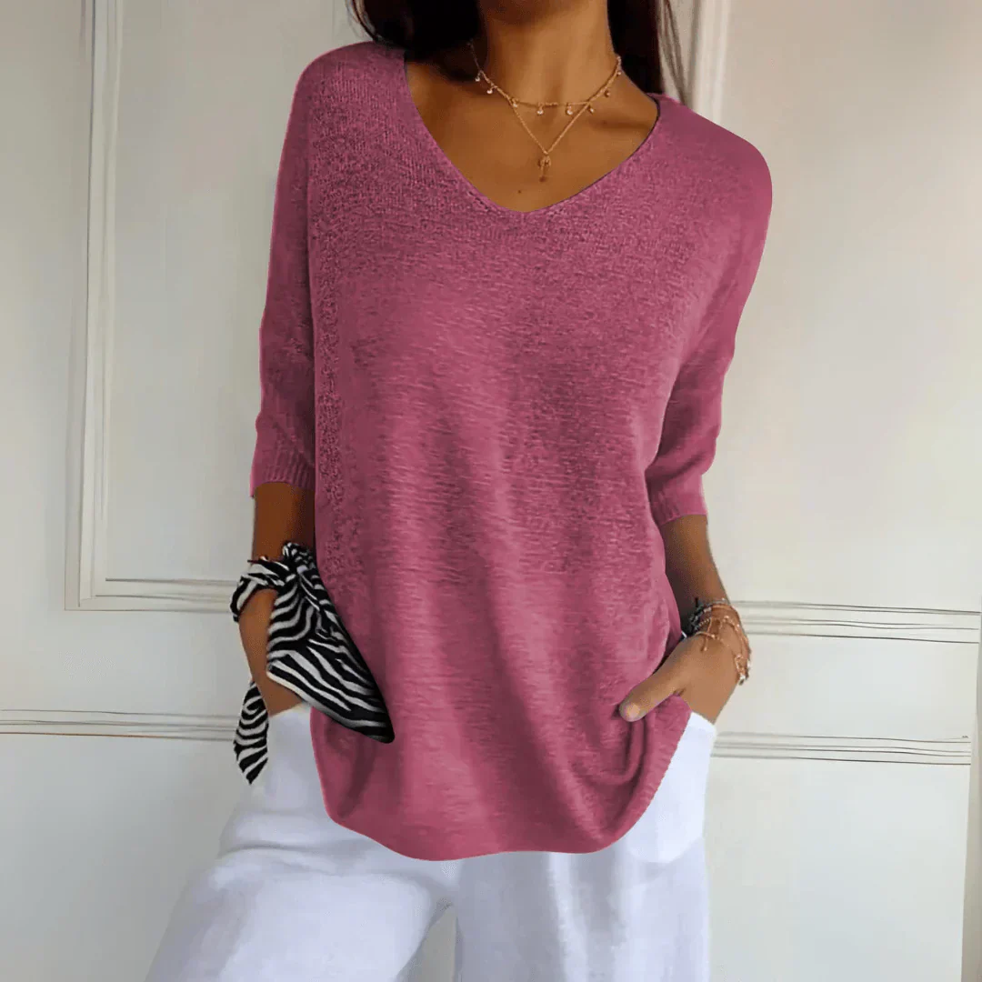 Relaxed Elegant Casual Top for Women, V-Neck Three-Quarter Sleeves, Lightweight Business Casual Shirt to Wear with Jeans - Image 5