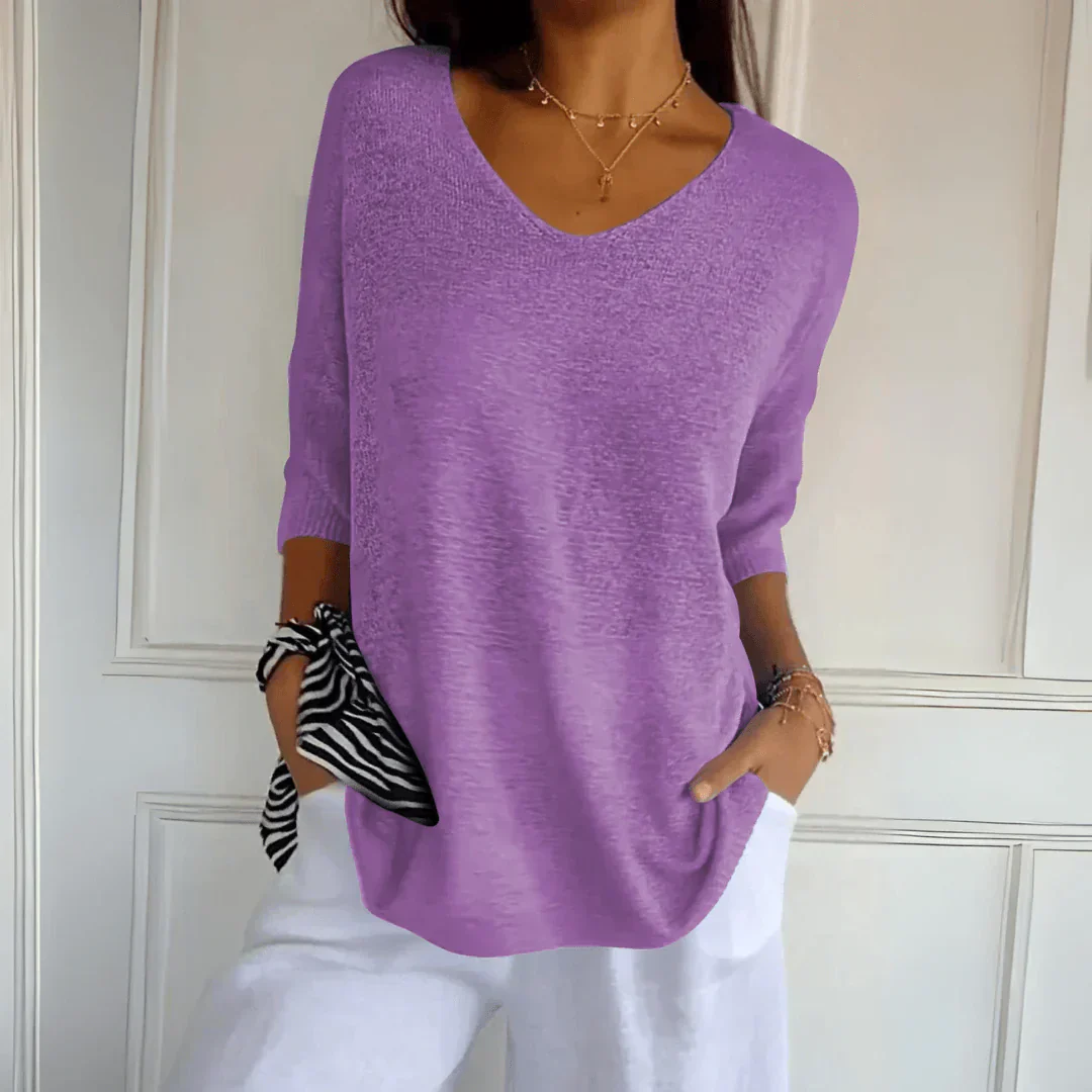 Relaxed Elegant Casual Top for Women, V-Neck Three-Quarter Sleeves, Lightweight Business Casual Shirt to Wear with Jeans - Image 6