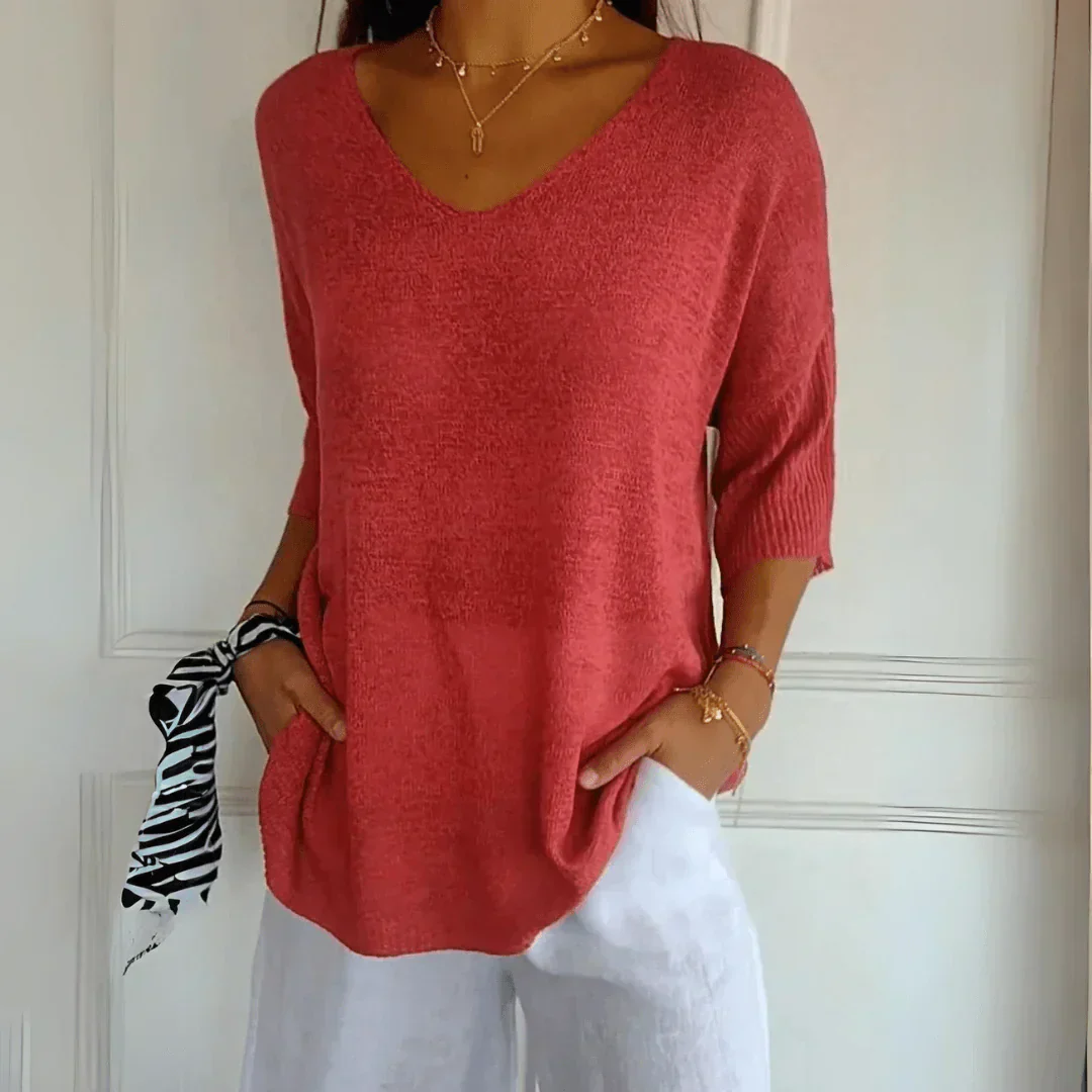 Relaxed Elegant Casual Top for Women, V-Neck Three-Quarter Sleeves, Lightweight Business Casual Shirt to Wear with Jeans - Image 7