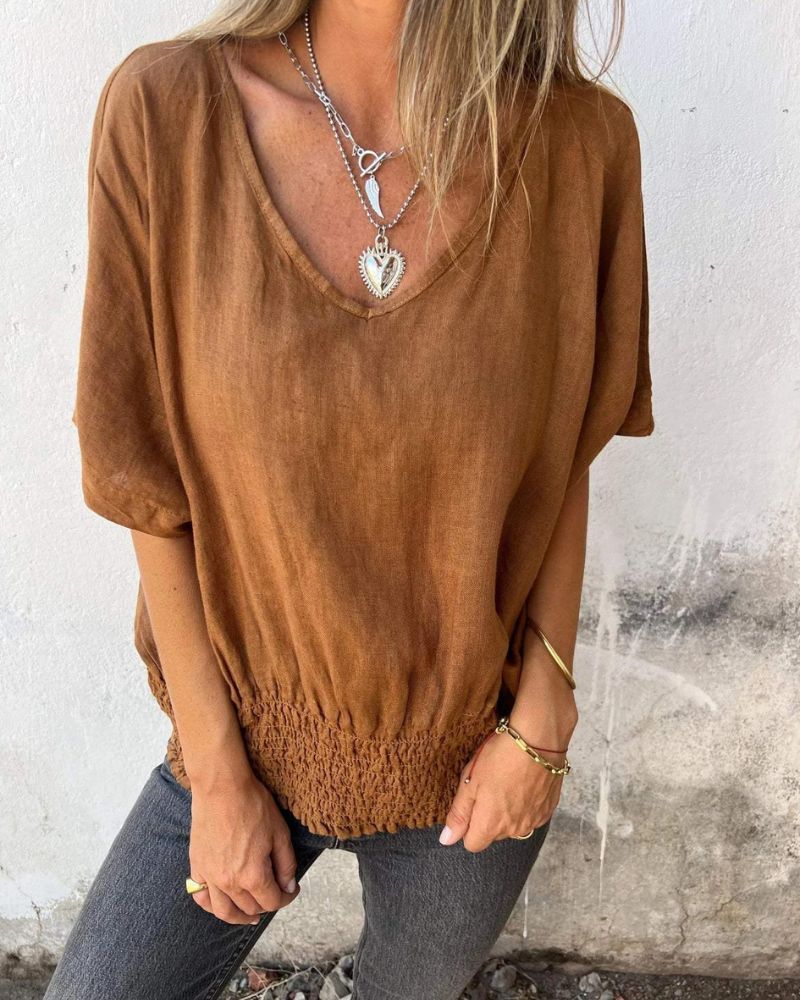 Relaxed Women's Top in Cotton Linen Blend, Flowy V-Neck Blouse for Casual Summer Style