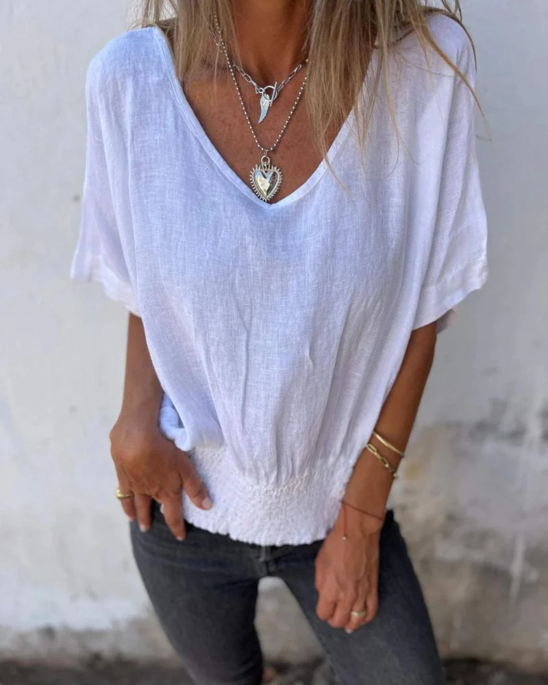 Relaxed Women's Top in Cotton Linen Blend, Flowy V-Neck Blouse for Casual Summer Style - Image 2