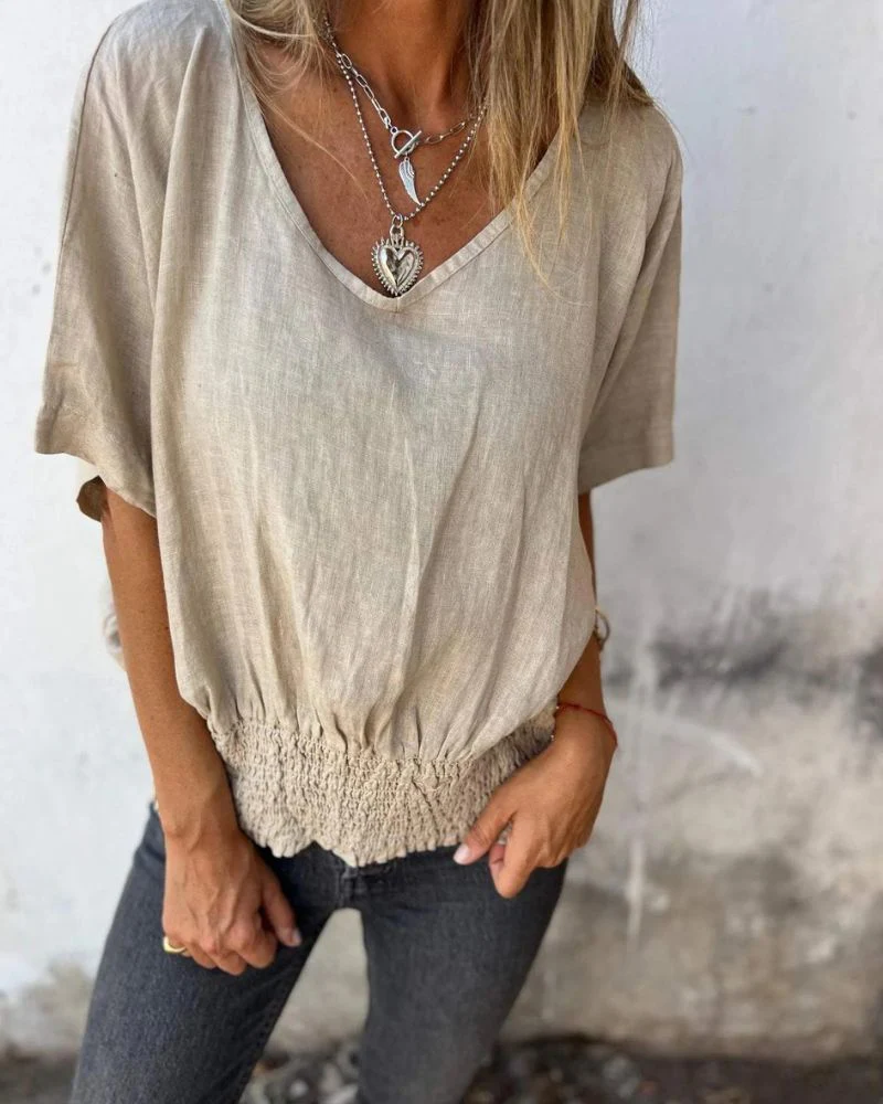 Relaxed Women's Top in Cotton Linen Blend, Flowy V-Neck Blouse for Casual Summer Style - Image 3