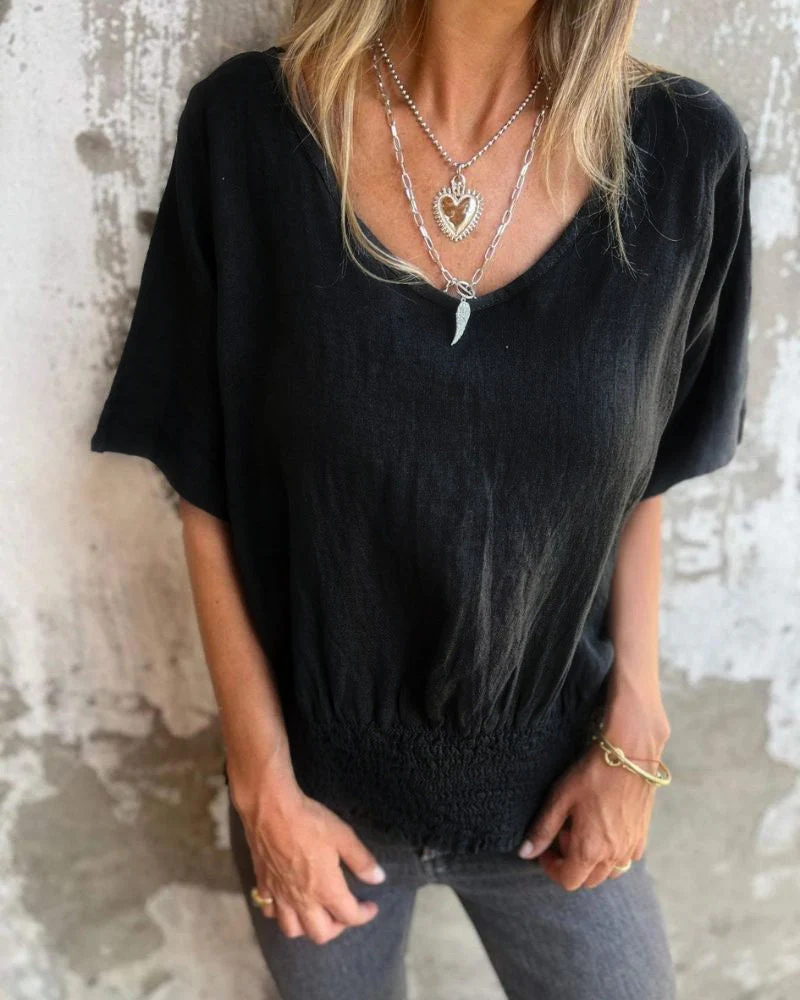 Relaxed Women's Top in Cotton Linen Blend, Flowy V-Neck Blouse for Casual Summer Style - Image 4