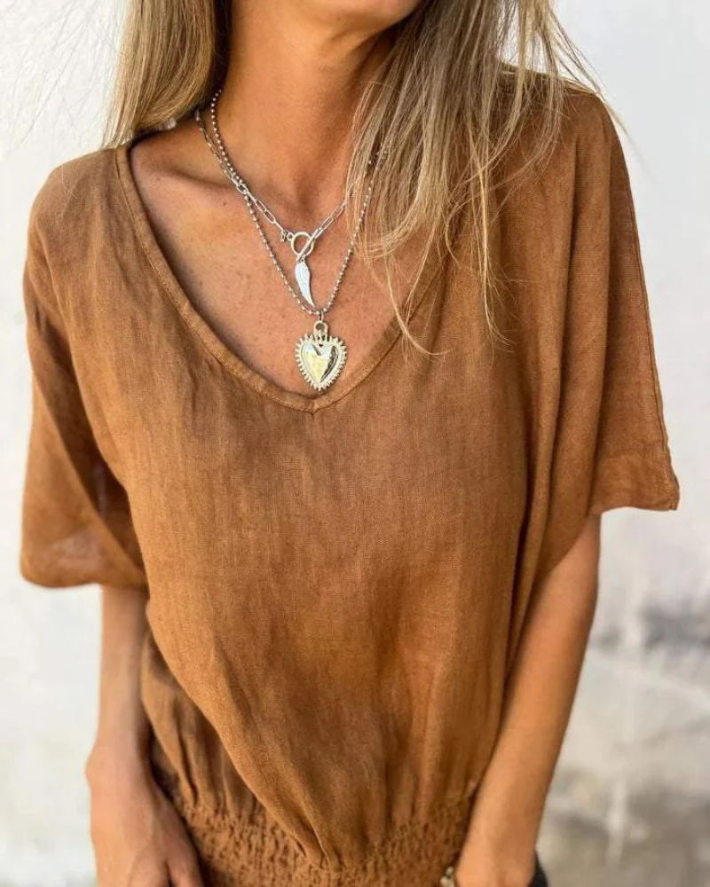 Relaxed Women's Top in Cotton Linen Blend, Flowy V-Neck Blouse for Casual Summer Style - Image 5