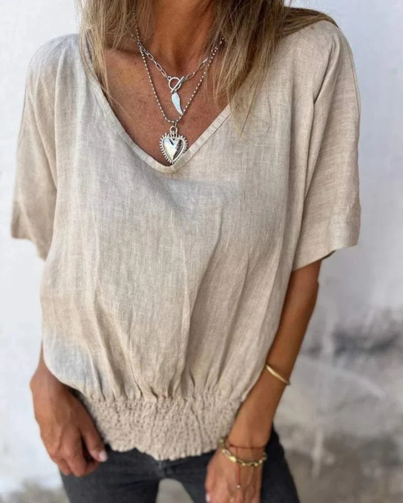 Relaxed Women's Top in Cotton Linen Blend, Flowy V-Neck Blouse for Casual Summer Style - Image 6