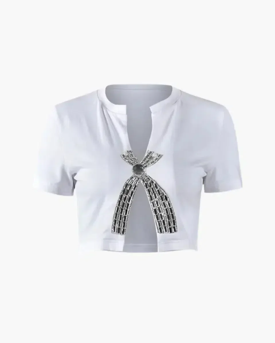Rhinestone Women's T Shirt with Low Neckline, Slim Fit White Crop Top for Women, Short Length and Medium-Stretch Fabric