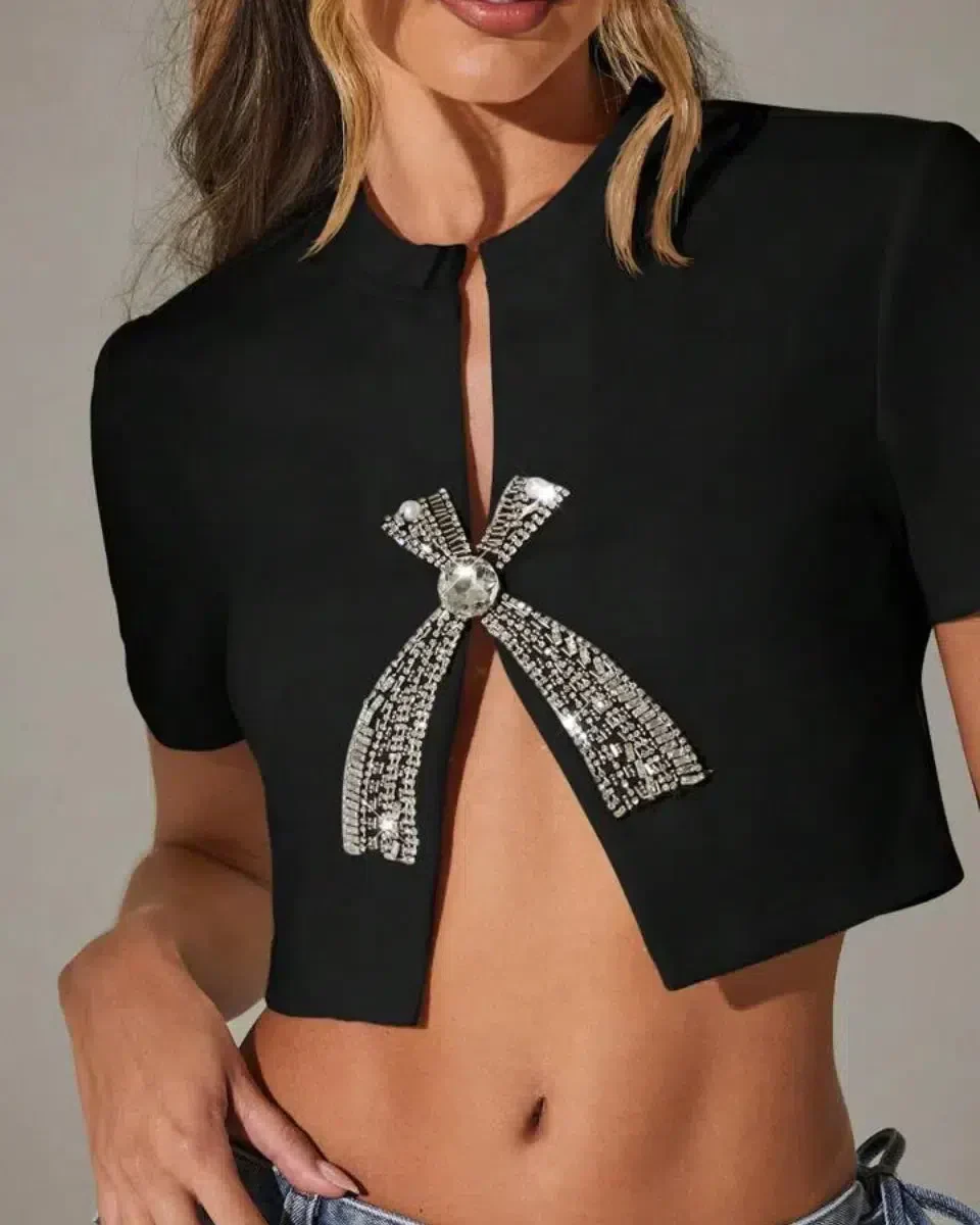 Rhinestone Women's T Shirt with Low Neckline, Slim Fit White Crop Top for Women, Short Length and Medium-Stretch Fabric - Image 6