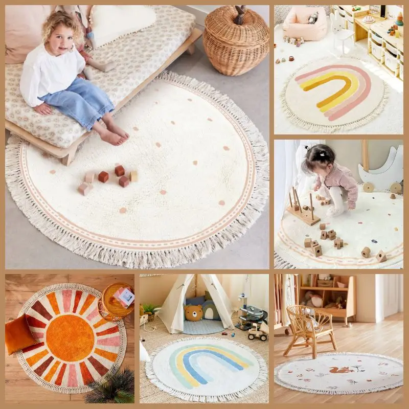 Round Fluffy Rug Tassel Nursery Play Mat Cozy Fall 2025 Plush Circle Bedroom Rug Soft Play Surface
