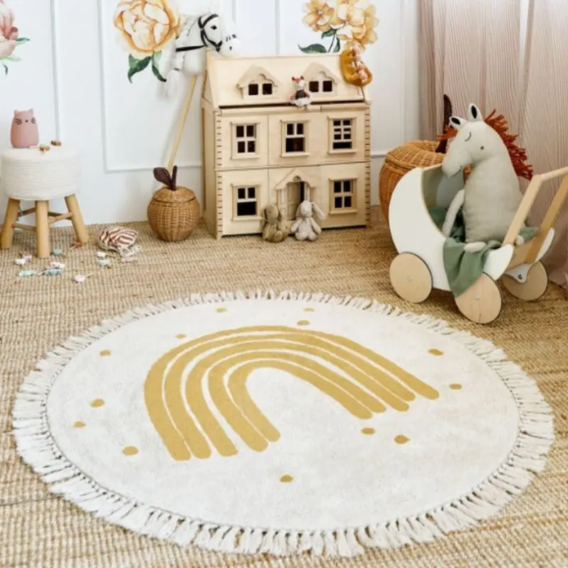Round Fluffy Rug Tassel Nursery Play Mat Cozy Fall 2025 Plush Circle Bedroom Rug Soft Play Surface - Image 4