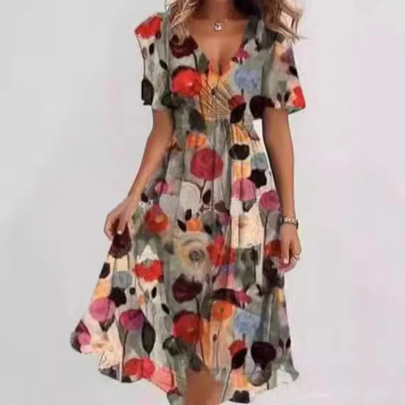Sexy Deep V-neck Print Women's Summer Dresses - Elegant Swing Party Office Wear - Image 4