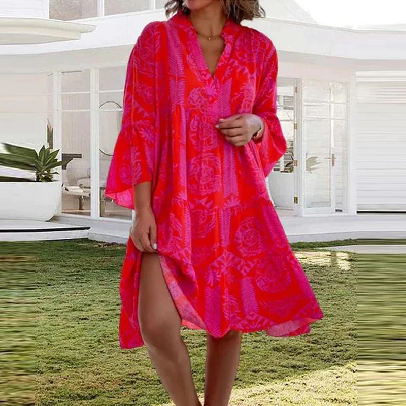 Sexy V-Neck Loose Lotus Leaf Dress for Women, 3/4 Sleeve Summer Office Casual Wear