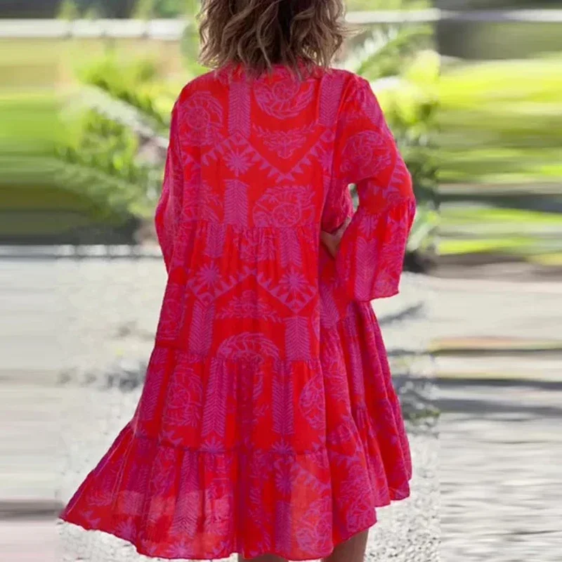 Sexy V-Neck Loose Lotus Leaf Dress for Women, 3/4 Sleeve Summer Office Casual Wear - Image 2