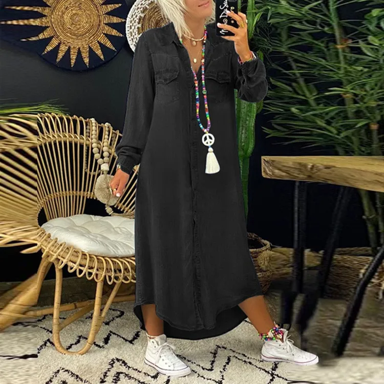 Shirt Jeans Dress Women Long Elegant Splice Dress with Turn Down Collar Summer Fashion