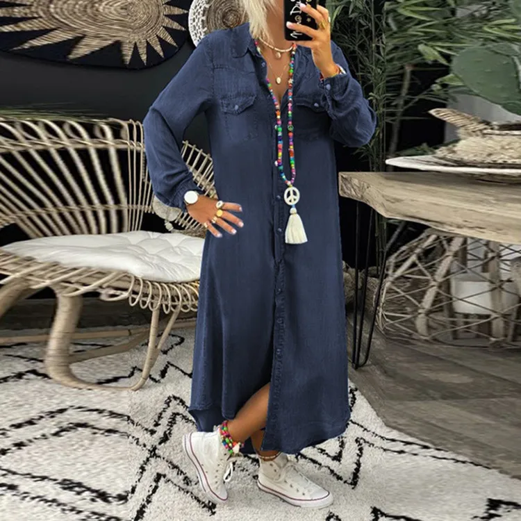 Shirt Jeans Dress Women Long Elegant Splice Dress with Turn Down Collar Summer Fashion - Image 2