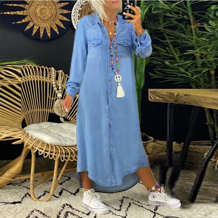 Shirt Jeans Dress Women Long Elegant Splice Dress with Turn Down Collar Summer Fashion - Image 3