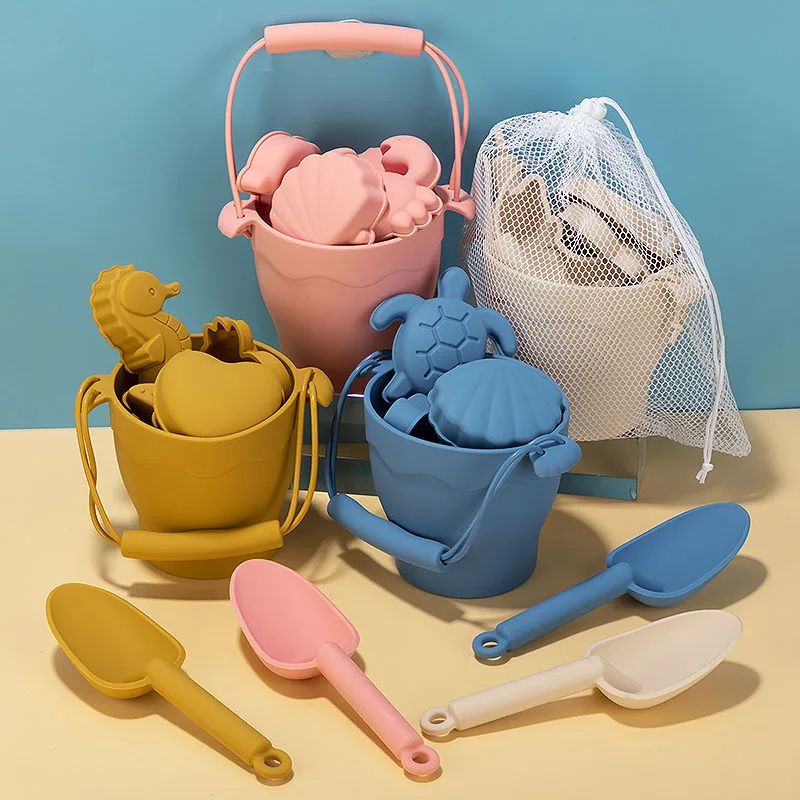 Silicone Beach Toy Set 8Pc Bucket And Molds Kids Sand Play Summer 2025 Flexible Easy Clean Safe Gift
