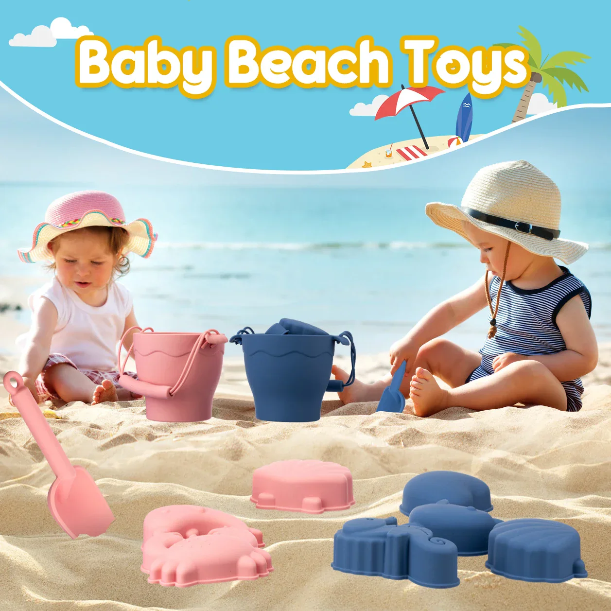 Silicone Beach Toy Set 8Pc Bucket And Molds Kids Sand Play Summer 2025 Flexible Easy Clean Safe Gift - Image 3