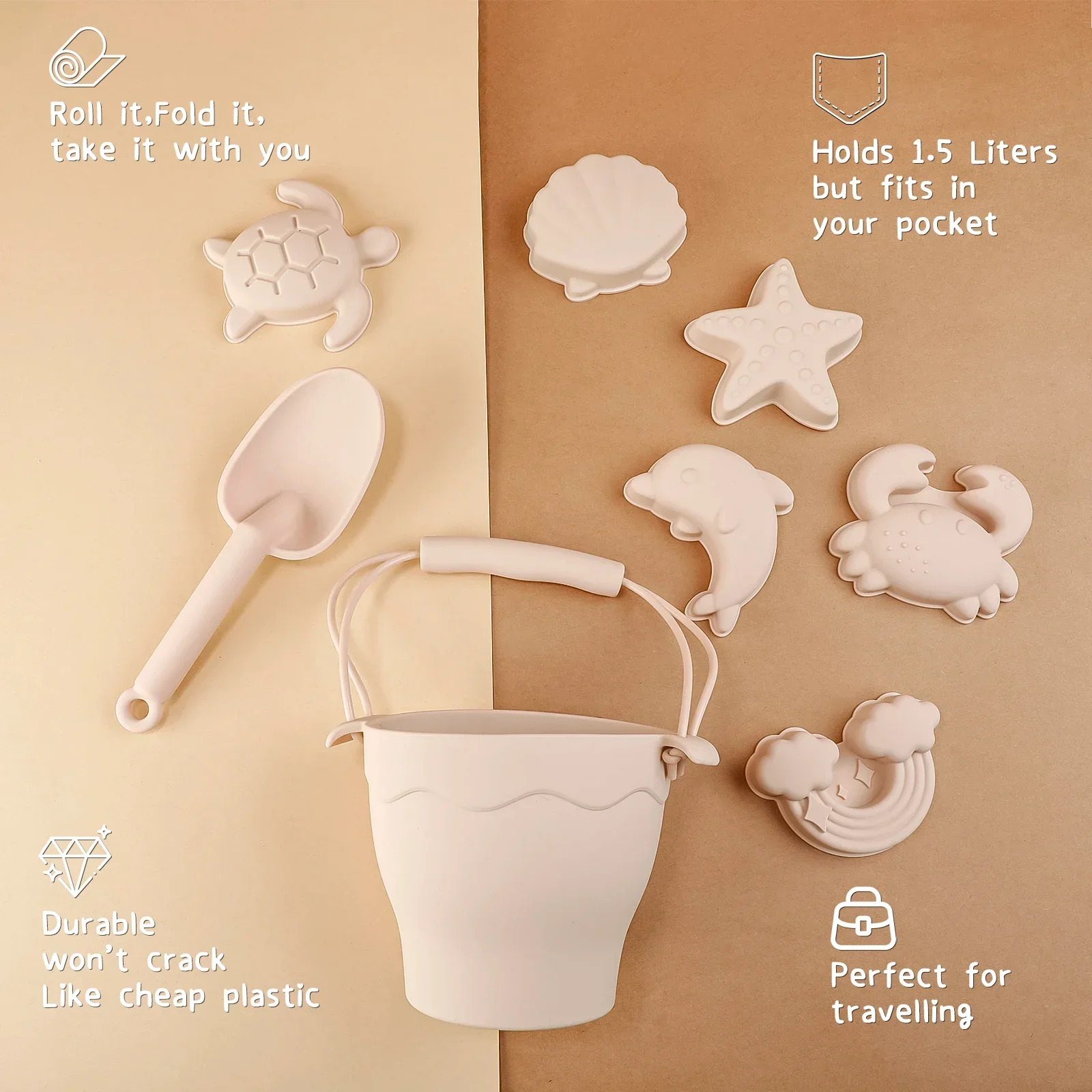 Silicone Beach Toy Set 8Pc Bucket And Molds Kids Sand Play Summer 2025 Flexible Easy Clean Safe Gift - Image 6