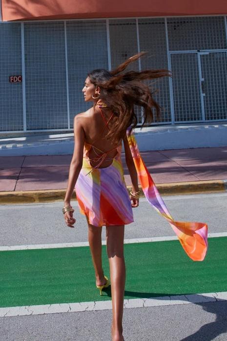 Silk Mini Dress for Women in Tropical Sunset Design, Lightweight Summer Dress for Beach and Evening Events - Image 3
