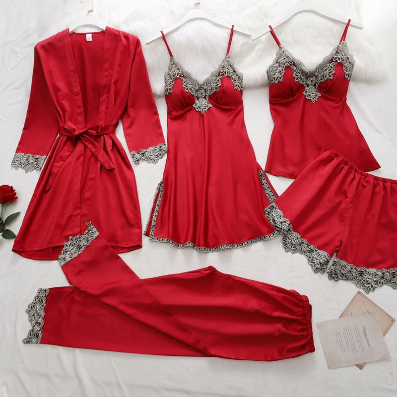 Silk Pajamas Set for Women, Adjustable Straps, Elegant Lace Design, Soft and Comfortable Sleepwear, Breathable Satin Fabric - Image 10