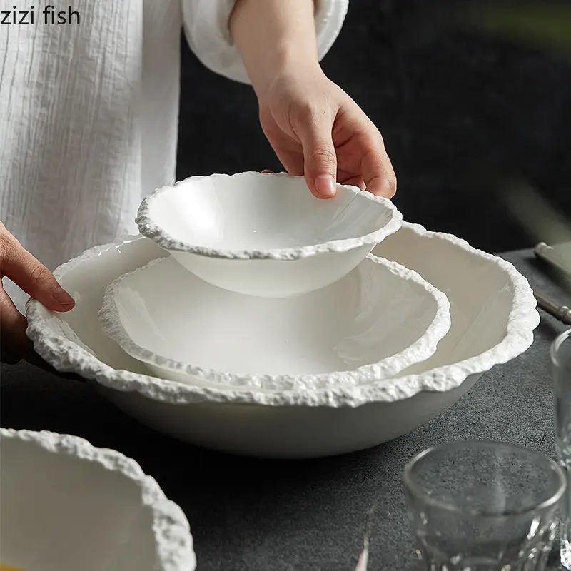 White Porcelain Rock Edge Soup Bowl Modern Tableware - Image 3