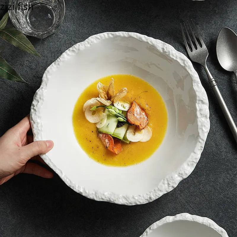 White Porcelain Rock Edge Soup Bowl Modern Tableware - Image 4