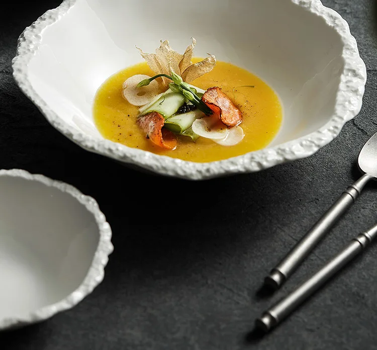 White Porcelain Rock Edge Soup Bowl Modern Tableware - Image 7